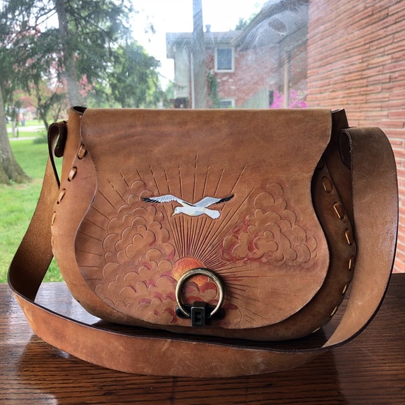 Vintage Handbags - Vintage Hand-tooled/painted Leather Saddle Bag